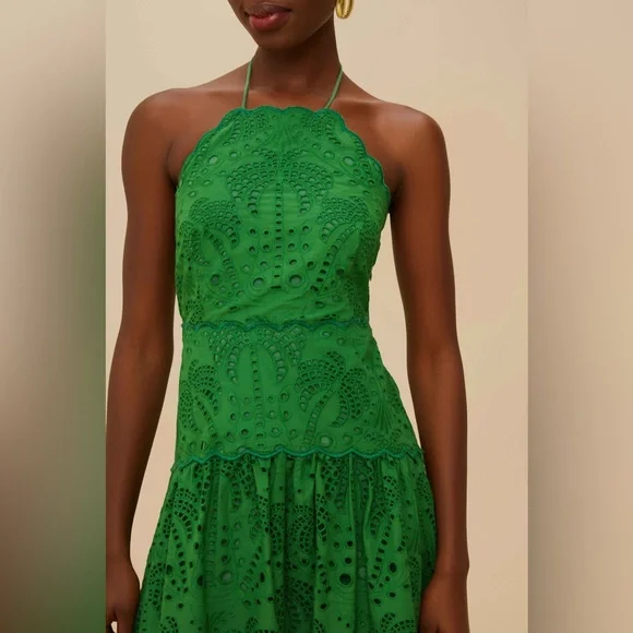 farm rio green palm dress Green Palm Tree Eyelet Midi Dress – Karlee main image 0